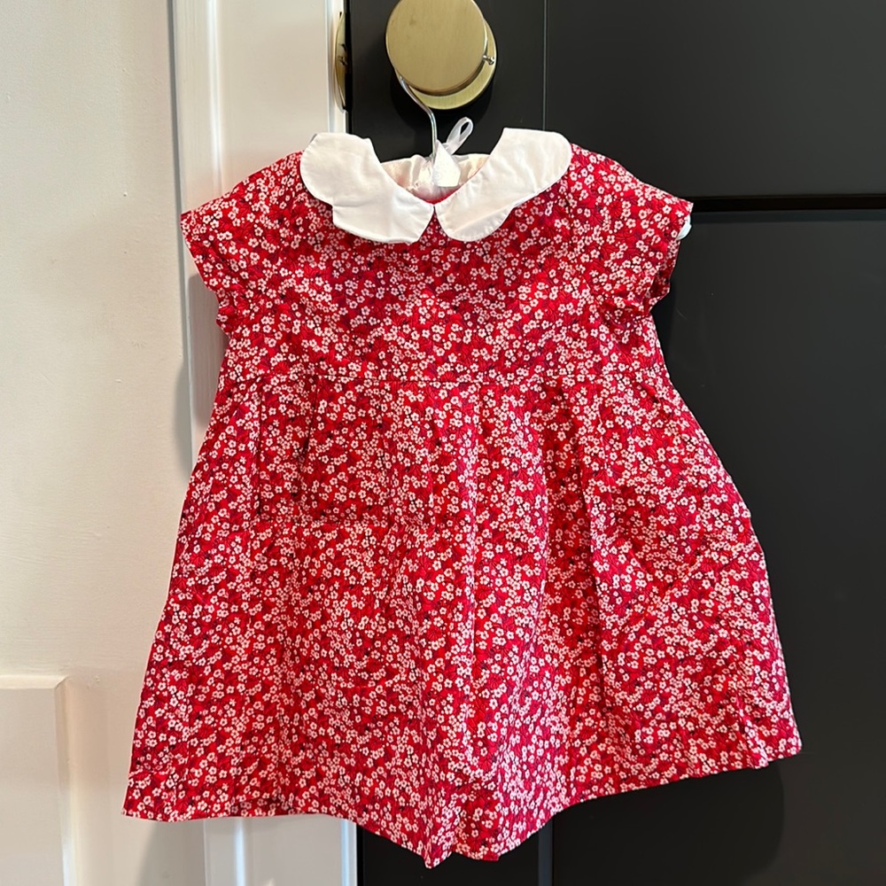 Jacadi Red and White Floral Dress with Peter Pan Collar